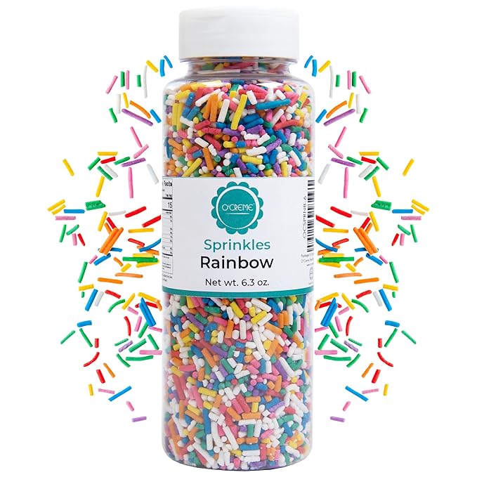 O’Creme Rainbow Sprinkles – 6.3oz Sprinkles for Cake Decorating – Kosher Pastel Sprinkles for Cupcakes, Cookies, Cakes, Ice Cream – Easy-Pour Jar
