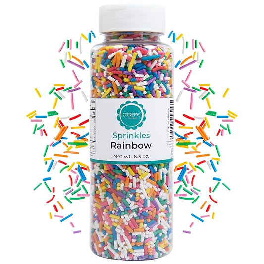 O’Creme Rainbow Sprinkles – 6.3oz Sprinkles for Cake Decorating – Kosher Pastel Sprinkles for Cupcakes, Cookies, Cakes, Ice Cream – Easy-Pour Jar