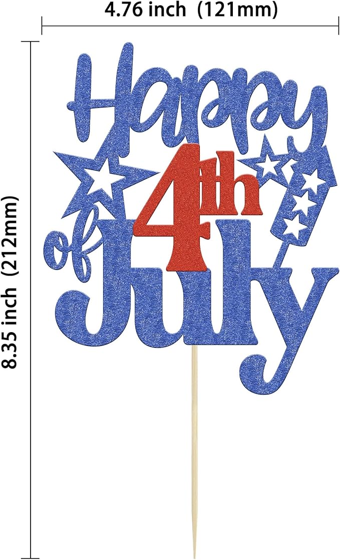 1 Pack Happy 4th of July Cake Topper Red and Blue Glitter Independence Day Cake Pick Decorations for American National Day Patriotic Party Supplies