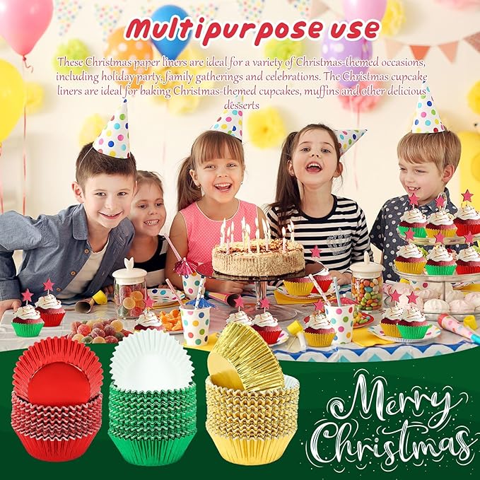 SANNIX 450Pcs Foil Cupcake Liners Christmas Metallic Cupcake Liners Muffin Baking Cups Christmas Cupcake Wrappers for Party Birthdays Baby Showers (Red, Green, Gold)