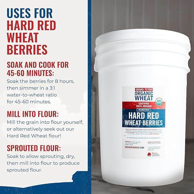 Yecora Rojo Hard Red Wheat Berries by Grand Teton Organic Wheat | Organic Hard Red Spring Wheat Berries for Baking Whole Grain Breads or Milling Into Flour | Non-GMO, (43 Pounds)