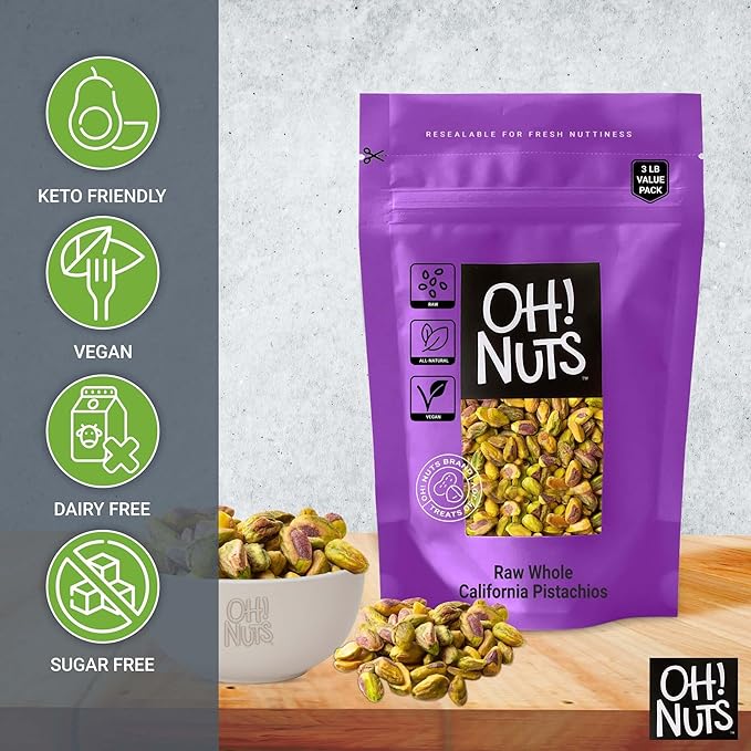 Oh! Nuts Pistachios No Shell - Raw - 100% Natural - 3 lb - Raw Whole California Pistachios - Packed in New York Zip-Seal Bag for Exceptional Freshness