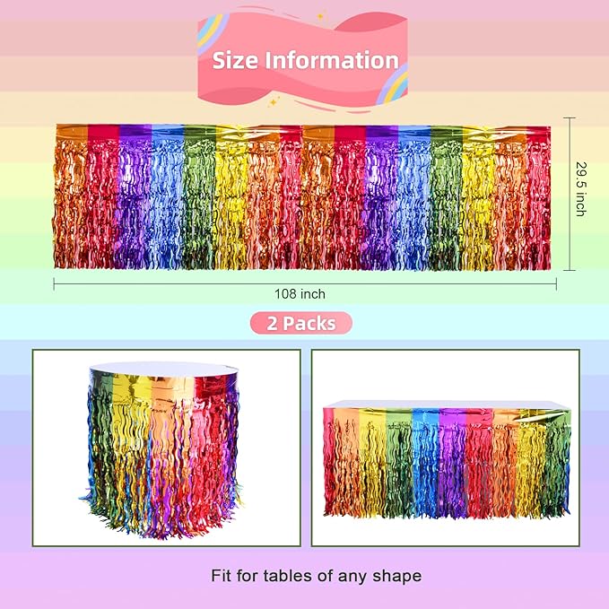 LOLStar Rainbow Party Decorations, 2 Pack Wavy Metallic Tinsel Foil Fringe Table Skirts, Perfect Table Decors for Birthday Holiday Wedding Engagement Bridal Shower Pride Party Cartoon Party