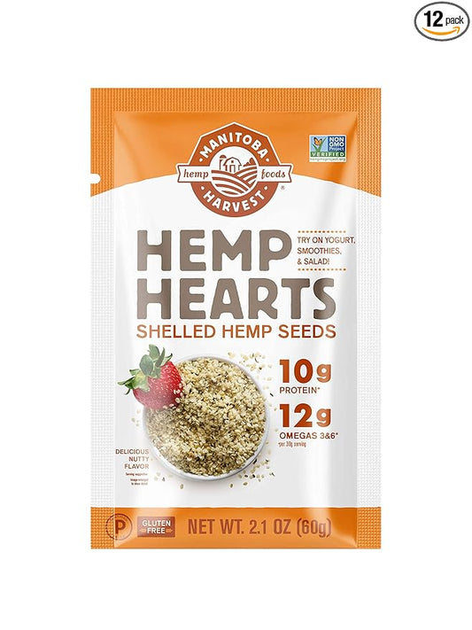 Manitoba Harvest Hemp Hearts, Shelled Hemp Seeds - 2.1oz, Pack of 12-10g Plant Protein & 12g Omega 3 & 6 per 30g serving - Easy to Digest with 9 Amino Acids - Gluten Free, Non-GMO Project Verified