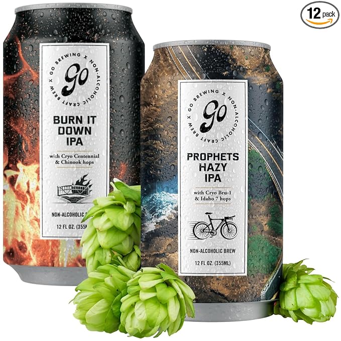 Go Brewing - IPA 12 Mixed Pack - Non Alcoholic Beer - Refreshing Small Batch Brew - Low Calorie Brew - Featuring Prophets Hazy IPA & Burn It Down IPA - Ideal for Any Occasion (12 oz, 12 Pack)