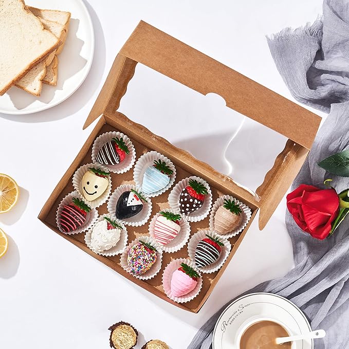 24PCS 10 x 7 x 2.5 inches Professional One Piece Strawberries Boxes, Cookies Boxes with With Clear Window for Visibility, Brown Natural Kraft Paper Box