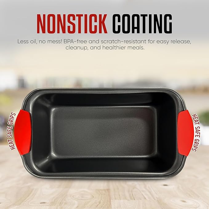 PERLLI Nonstick Loaf Pan with Silicone Grip Handles 11.75" x 6" High-Carbon Steel Bakeware for Baking Bread Cake Broiling Roasting Meat, Oven Safe (446°F)