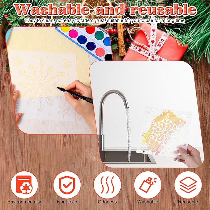 6 Pack Christmas Snowflake Stencils for Crafts, 8 Inch Reusable Snowflake Drawing Painting on Wood, Winter Holiday Snow Flake Stencils Template for Christmas Xmas Window Wall Home Decor