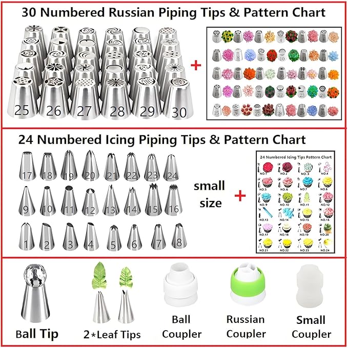 166 Pcs Russian Piping Tips Set, with 30 Numbered Russian Tips,24 Numbered Icing Tips,Pattern Chart,1 Ball Tip,2 Leaf Tips,100 Pastry Bags,3 Couplers for Cake Decorating
