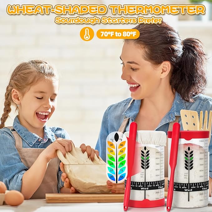 Sourdough Starter Jar Kit 2Pack, 40OZ Large Sourdough Starter Kit With Thermometer Strips & Scraper, Sourdough Bread Baking Supplies–A Perfect Sourdough Bread Starter Kit for Beginners to Expert