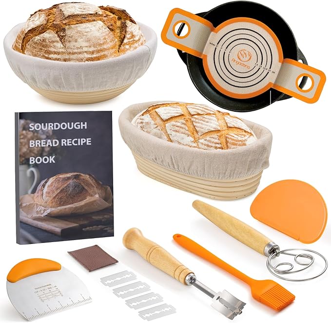 Sourdough Starter Kit, Sourdough Bread Baking Supplies, 9" Round & 10"Oval Rattan Banneton Bread Proofing Baskets Set, Bread baking tools,Silicone bread Sling