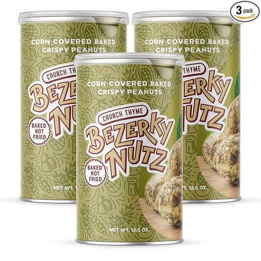 Bezerky Ready to Go Snack | Corn Coated Crunchy Peanuts | Baked not Fried | Thyme Flavor | Back Pack Friendly | 12.5oz (Pack of 3)