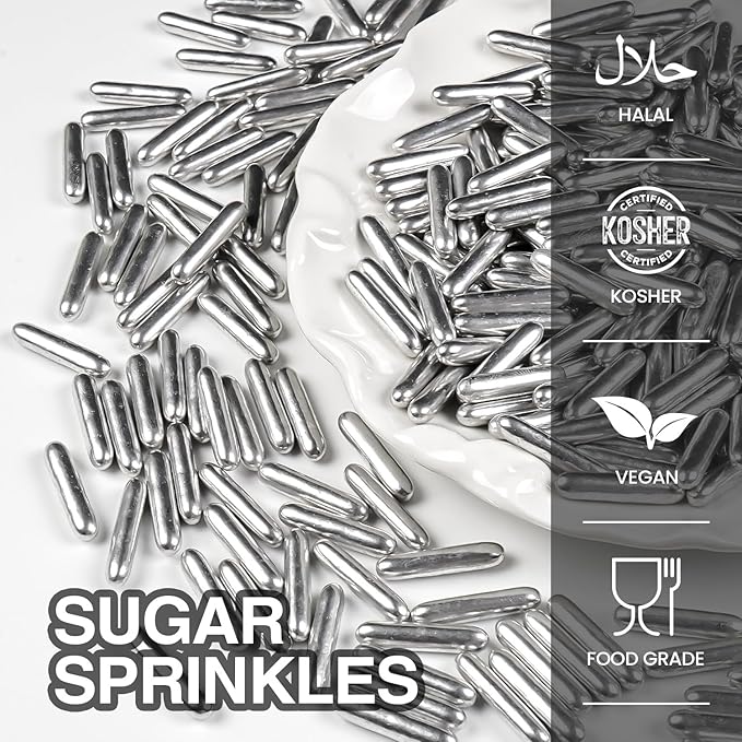 Christmas Silver Rods Sprinkles, Sugar Sprinkles For Cake Decorating, 150g/5.29oz, Food Grade, Foodgrade Decoration, Cupcake Toppers, Donuts, Cookies, Holiday, Birthday Party, Christmas Supplies