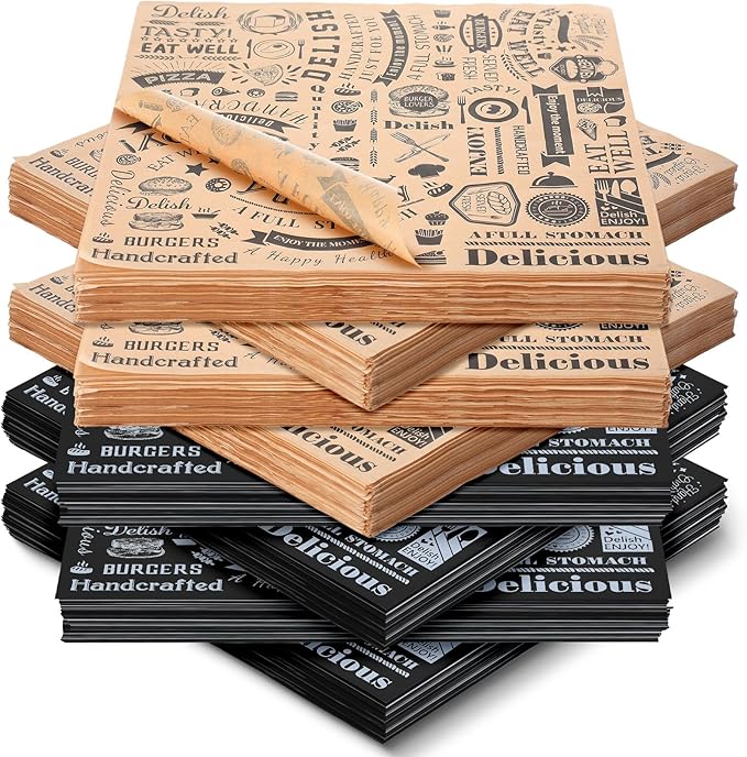 Marspark Deli Wax Paper Sheets 12 x 12 Inches Square Grease Resistant Tray Basket Liners Hot Dog Wrappers Newsprint Water and Grease Proof Sandwich Wrapping for Food Baking (Brown Black White,200 Pcs)