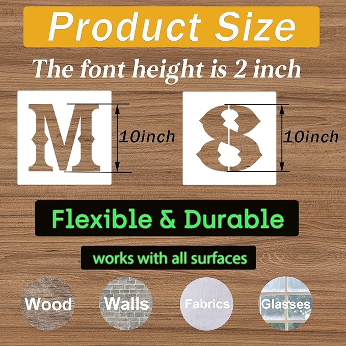 10 Inch Letter Stencils and Numbers, 38 Pcs Alphabet DIY Craft Stencils, Reusable Plastic Drawing Templates for Painting on Wood, Wall, Fabric, Rock, Floor, Signage, Door Porch