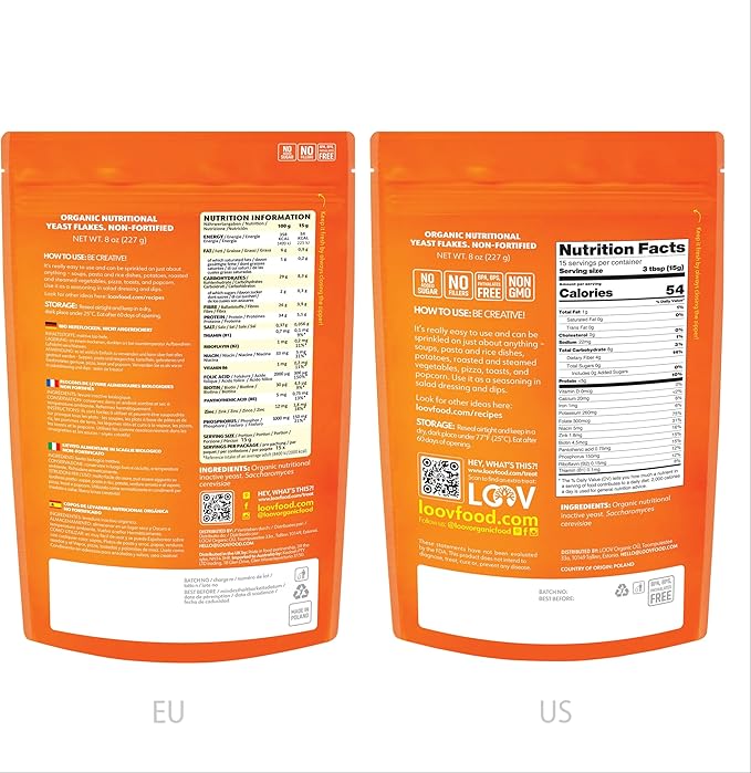 LOOV Organic Non-Fortified Nutritional Yeast Flakes - Vegan, Gluten Free, Non-GMO Unfortified Nooch - Good Source of Natural B-Vitamins - No Added Salt or Sugar - Resealable Bag, 8 Ounces (227 Grams)