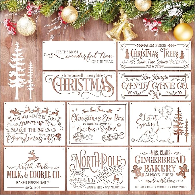 Christmas Stencils for Painting on Wood Signs, Reusable Essential Holiday Christmas Stencils for Door Mats Canvas Crafts Doormat Door Hanger (old10)