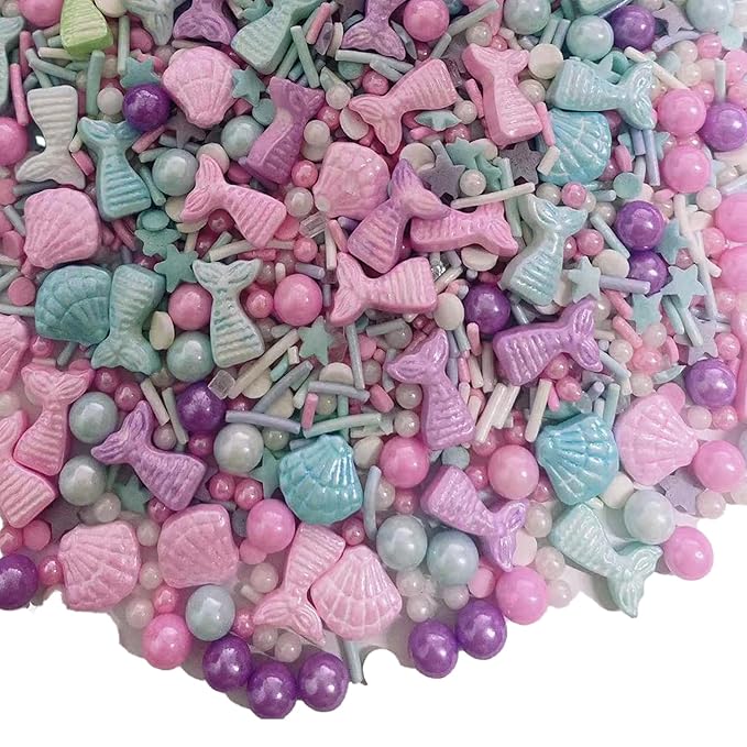 Sentovac Multicolor Mermaid Sprinkle Edible Decorating Ocean Sprinkles for Cake Cupcake Topper Cookie Baking Decorations Starfish Shell Pearl Mermaid Candy Mix Mermaid Party Birthday Cake Decorations
