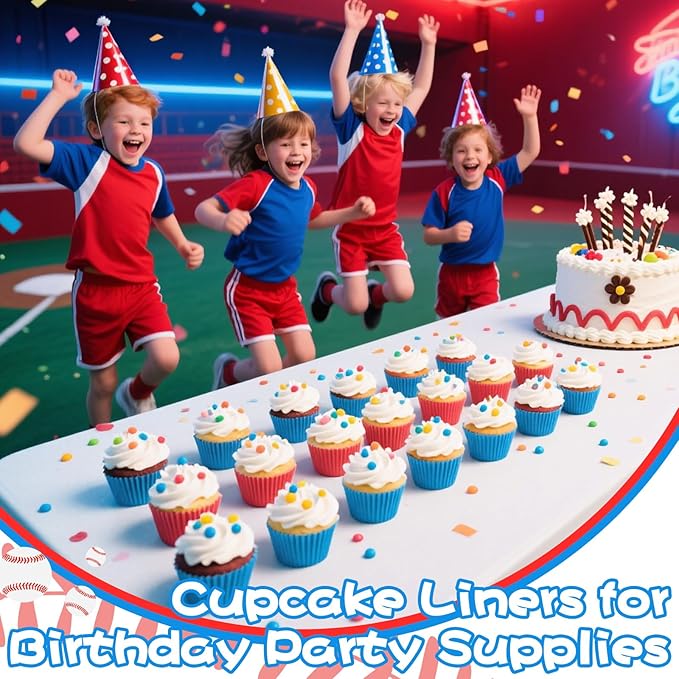 200PCS Red and Blue Cupcake Liners Muffin Baking Cups Wrappers for Blue and Red Birthday Party Supplies Disposable Pastel Cupcake Papers for Sports Theme Baseball Birthday Party Decorations