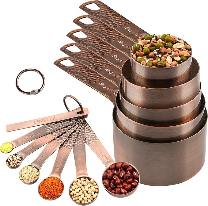 Smithcraft Copper Measuring Cups and Spoons Set 11, Dry Metal Measuring Cup Set for Cooking&Baking, Stainless Steel Measuring Cups and Spoons, 5 Measure Cups and 6 Kitchen Measurement Spoons & Leveler