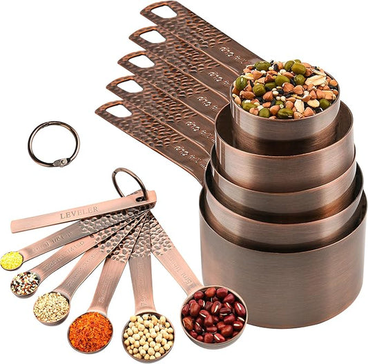 Smithcraft Copper Measuring Cups and Spoons Set 11, Dry Metal Measuring Cup Set for Cooking&Baking, Stainless Steel Measuring Cups and Spoons, 5 Measure Cups and 6 Kitchen Measurement Spoons & Leveler