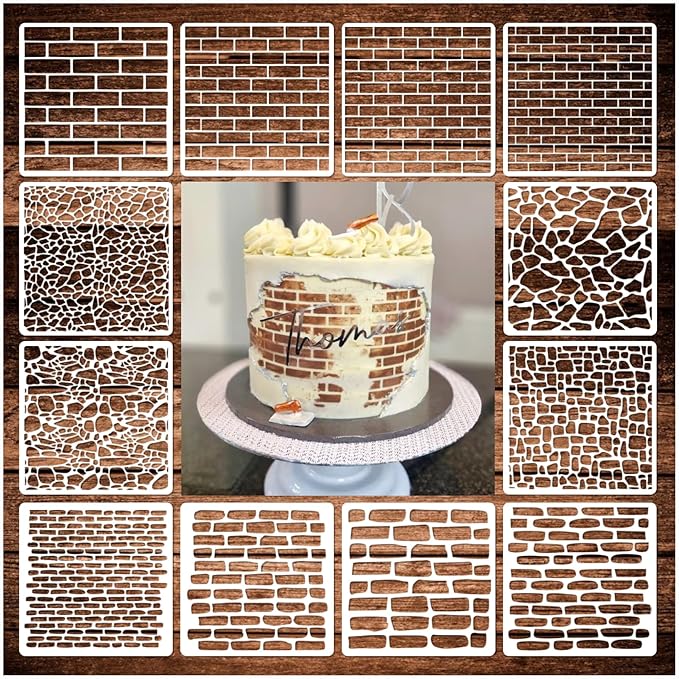 12 Pieces Brick Stencil Template, 6" x 6" Brick Wall Stencil Reusable Crafts Stencils for DIY Crafts Cookie Cake Journaling Scrapbooking Card Making Airbrushing Painting or Mixed Media (12-Brick)