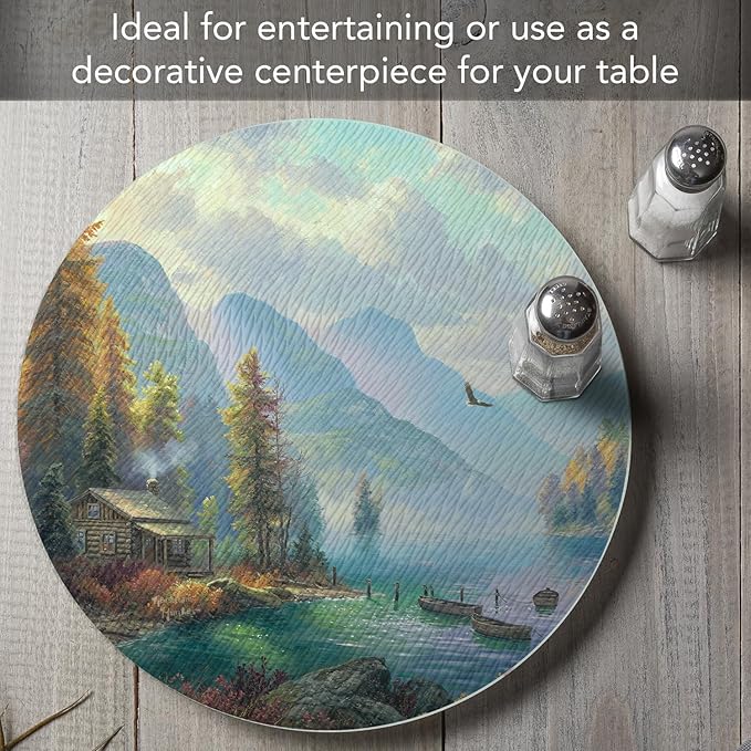 CounterArt Cabin in The Mountains 4mm Tempered Glass Lazy Susan Turntable 13" Diameter Condiment Caddy Cake Plate Pizza Server