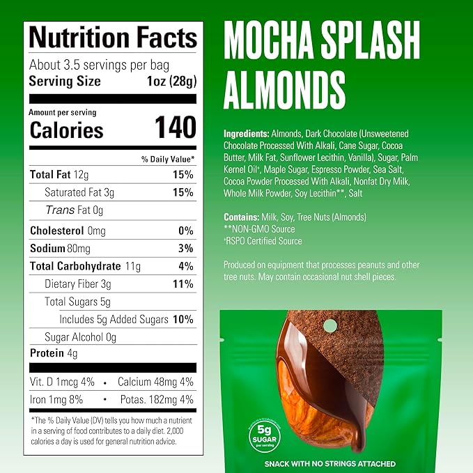 SkinnyDipped Mocha Splash Almonds, Healthy Snack, Plant Protein, Gluten Free, 3.5 oz Resealable Bags, Pack of 5