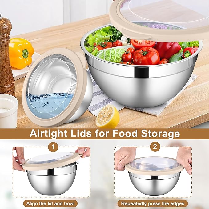 LIANYU 6 PCS Large Mixing Bowls with Visible Lids Set, Size 7, 3.5, 2.5, 2, 1.5, 1QT, Stainless Steel Kitchen Metal Nesting Bowls for Cooking, Baking, Serving, Freezer & Dishwasher Safe, Khaki