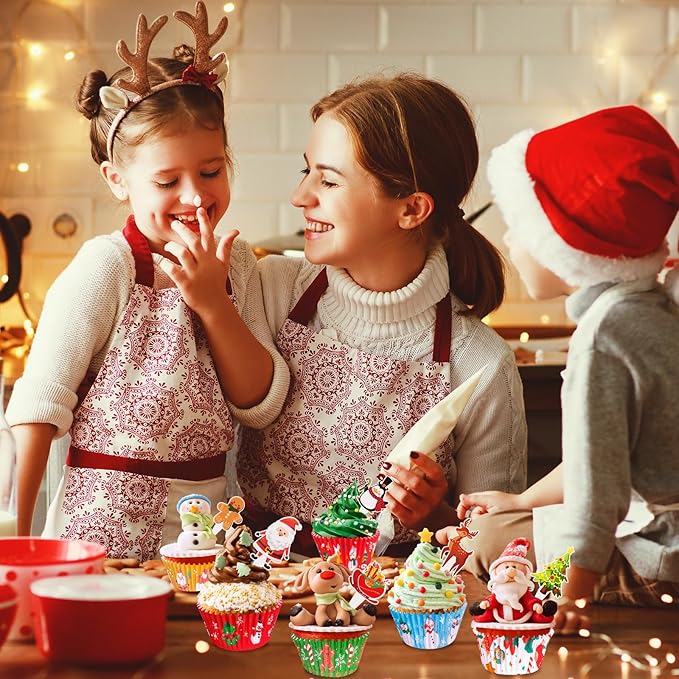 Christmas Cupcake Liners with Toppers Picks, Standard Wrappers Cupcake Disposable Baking Cups Muffin Liners for Xmas Holiday Party Favors, Party Decorations for Christmas Baking Supplies
