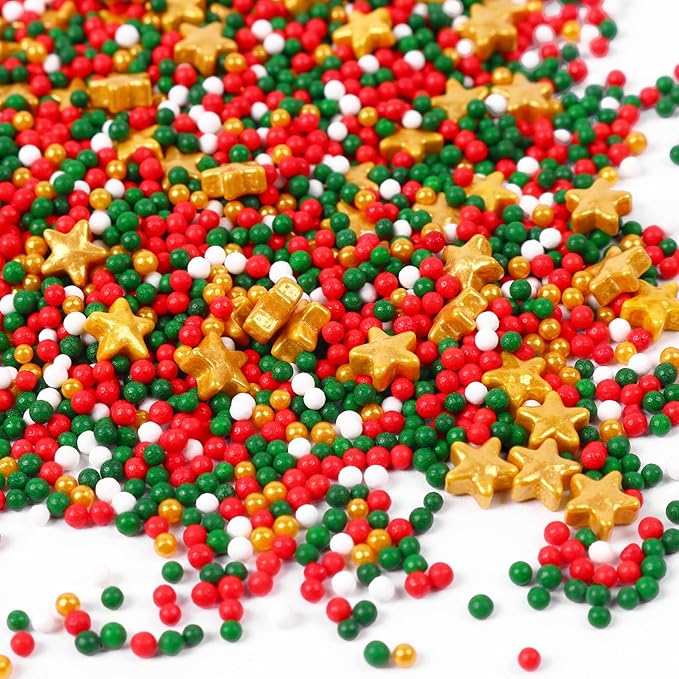 Christmas Nonpareils Sprinkles for Cake Decorating 4.2 Ounce Edible Gold Star Red and Green Holiday Sprinkles Mix for Cupcake Topper Ice Cream Candy Cookie Food Decorative Xmas Dessert