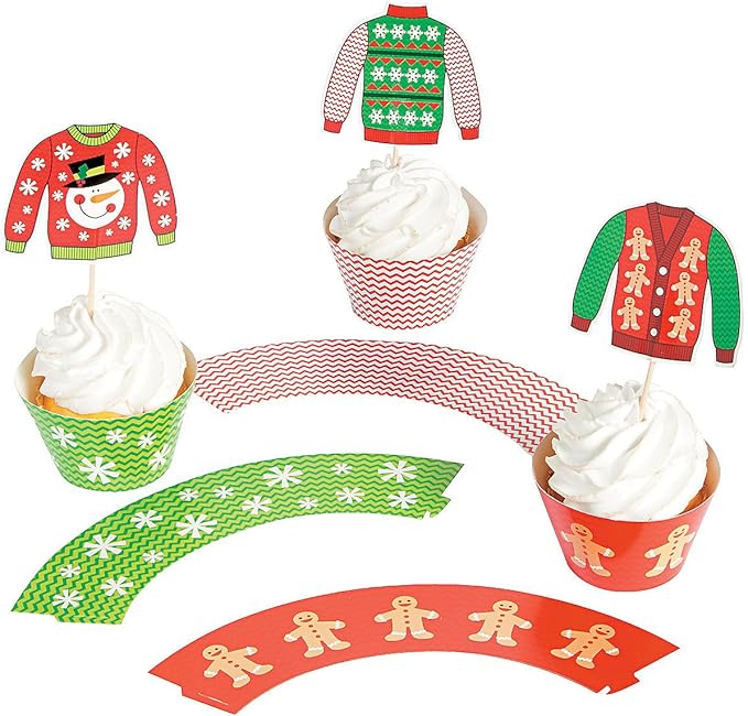 Ugly Christmas Sweater Cupcake Wrappers with Picks - Makes 50