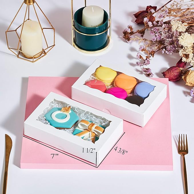 RomanticBaking 100 Pack Auto-Popup 7 x 4 3/8 x 1 1/2 Cookies boxes for 2 Macaron Boxes White Chocolate Covered Ore Boxes Pastry Boxes Cakesickle Boxes Bakery Boxes with Window