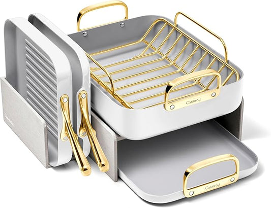Caraway Square Cookware Set - Square Pans Set - Perfect for Griddling, Toasting, Searing, Roasting, and More - Non-Stick Ceramic Coated Pans - Non Toxic, PTFE & PFOA Free - White