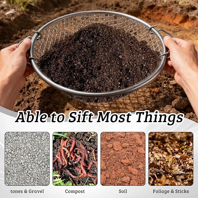 2PCS Soil Sifter for Gardening, 3mm + 6mm Mesh Compost Sifter with Detachable Handle for 5 Gallon Buckets Garden Sieve Sifters for Dirt Rocks Pellet Gravel Sand