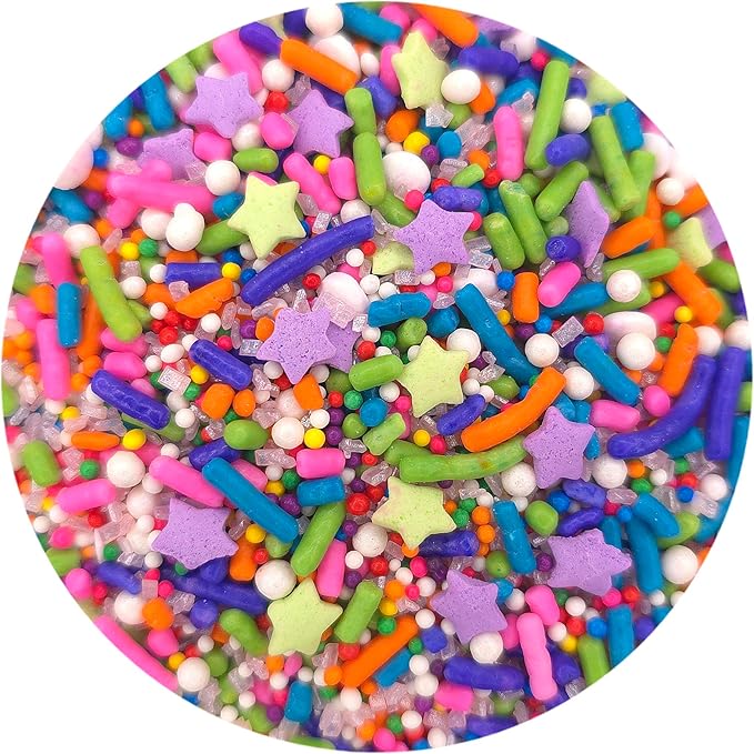 NCS Unicorn Mix Orange, Green, Teal, Purple, Pink, White Jimmies, Non Pariels, Sanding Sugar, and Edible Sprinkles - 8 ounces