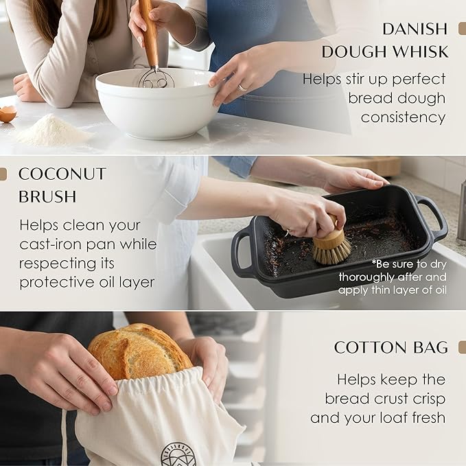 Cast Iron Bread Loaf Pan + Bread Bag + Dough Whisk + Brush | 2-in 1 Pre-Seasoned oven-safe bread pan for homemade bread | 5-Piece Set