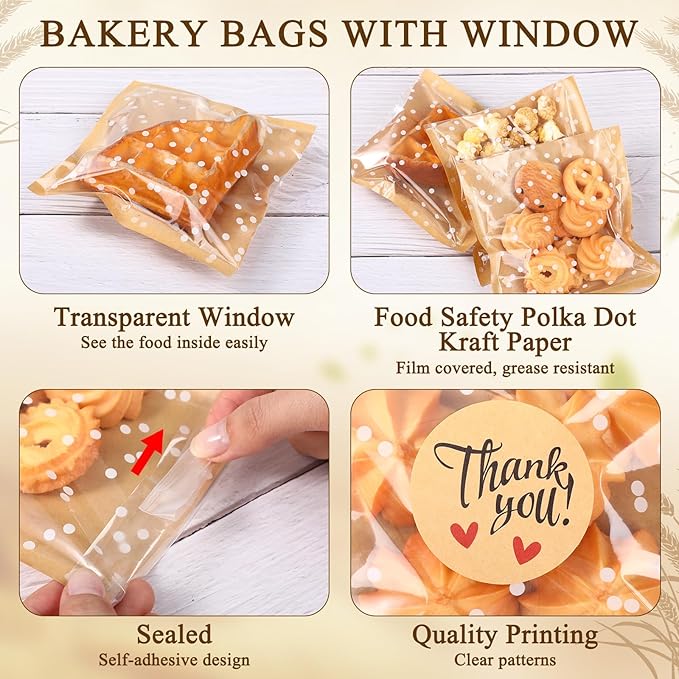 Self Adhesive Cookie Bags Cellophane Polka Dot Treat Bags Small Plastic with Thank You Stickers for Party Gift Giving Bakery Biscuit Candy Pastry(5.6 x 5.6 Inch,Small Dot,100 Pcs)