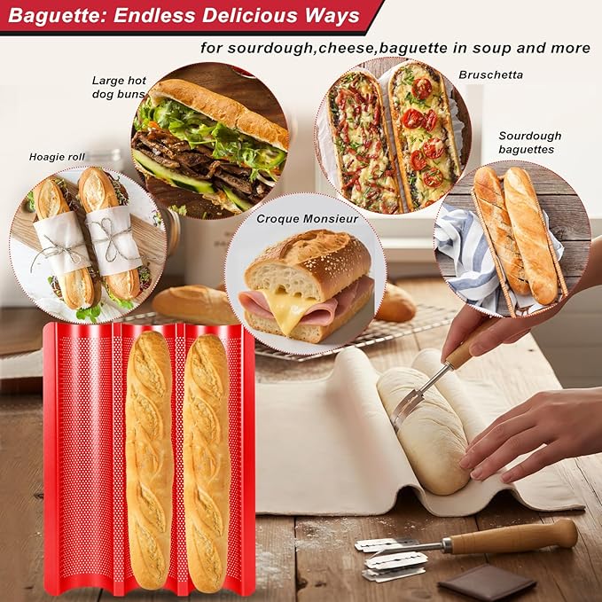 Baguette Bread Pan for Baking – Nonstick Perforated French Bread Pan, 3 Wave Thickened Carbon Steel Baguette Tray for Homemade French Baguettes, Garlic Bread, and Sandwich Rolls, Red