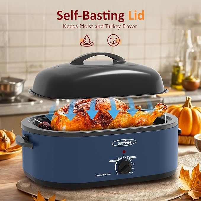 Sunvivi 20-Quart Roaster Oven with Self-Basting Lid, Electric Turkey Roaster Oven with Removable Pan and Rack, Stainless Steel, Blue