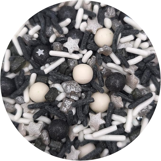 NCS Graduation Black, Silver, and White Edible Candy Sprinkle Mix, 8 ounces - Great for Cupcakes, Cookies, Cakes, Cake Pops