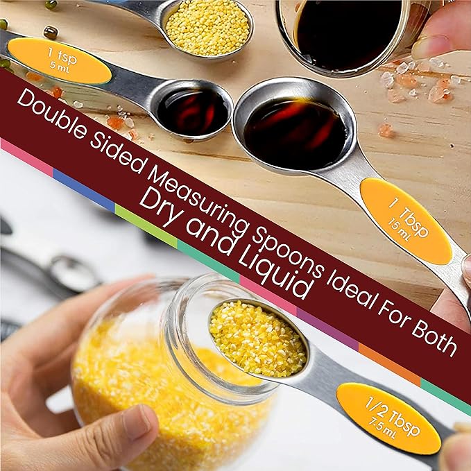 Magnetic Measuring Spoons Set of 9 Stainless Steel Dual-Sided Stackable Measuring Spoon Nesting Teaspoons Measuring Dry and Liquid Ingredients, Fits in Spice Jars Set of 9 (Orange)