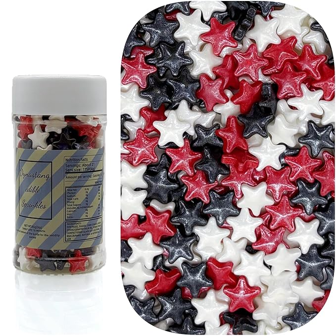 Dynastang 10mm Red & Black & White Stars Sprinkles Edible Stars Cake Decorating Stars Cake Decorations Cupcake Toppers Cookie Decorating Perfect for Cakes, Cupcakes, Desserts Toppings 3OZ