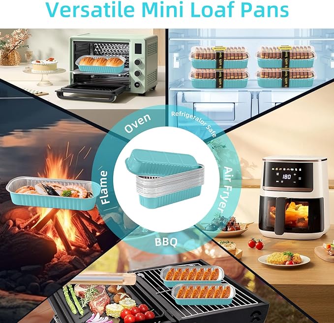 Mini Loaf Pans with Lids and Spoons Sealing Sticker,30 Pcs 6.8oz Cake Pans for Baking Disposable Aluminum Foil Christmas Cake Pan (30 Pcs Blue)