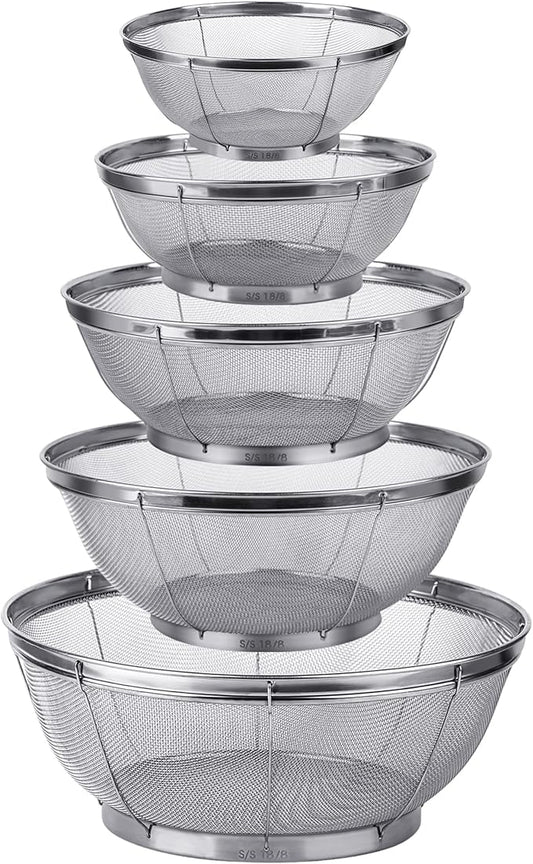 Tiawudi 5 Pack Strainers for Kitchen, 18/8 Stainless Steel Colander, Fine Mesh Strainer for Pasta, Rice and Fruit, Sieve for Strain, Drain, Rinse or Steam, Multi Size Sifter