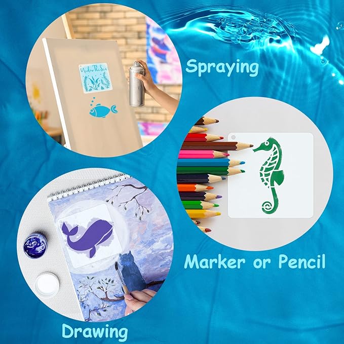 66 Pcs Small Stencils for Crafts Reusable 3 Inch Stencils for Painting on Wood DIY Craft Paint Template for Wall Home Decor Card Rock Canvas Drawing Holiday Ornament(Ocean)