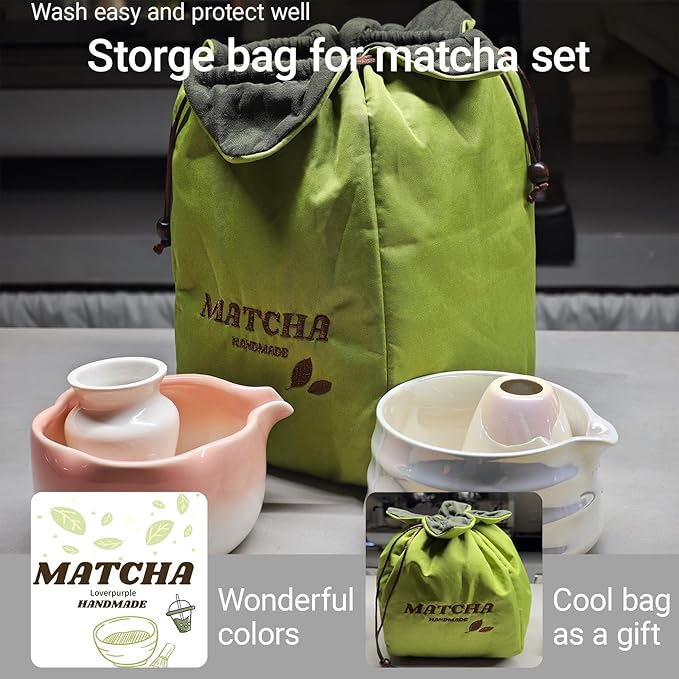 Matcha Whisk Set, 10 Pcs Large Set, Matcha Bowl with Whisk Holder and Spoon Rest All In One Bag, Sakura pink and Matcha Green, Perfect for Enthusiasts, Gift-giving, Christmas Gift