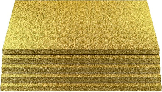O’Creme Cake Board, Gold Foil Square Cake Drum with Gorgeous Design, Sturdy & Durable 1/2” Thick Cake Drums, Square Cake Boards 10” x 10” Inch, Pack of 5 Disposable Cake Drums