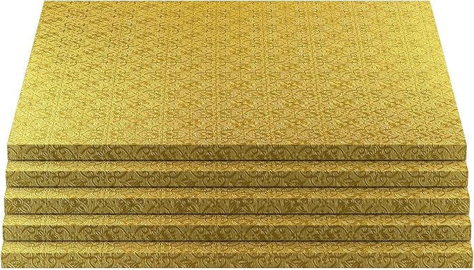 O’Creme Cake Board, Gold Foil Square Cake Drum with Gorgeous Design, Sturdy & Durable 1/2” Thick Cake Drums, Square Cake Boards 24” x 24” Inch, Pack of 5 Disposable Cake Drums
