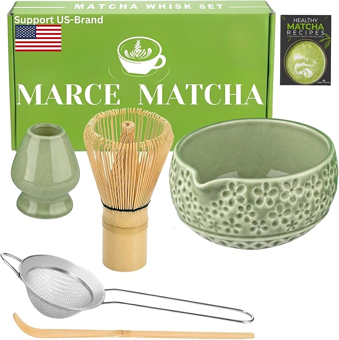 Matcha Whisk Set- Matcha Set includes Matcha Whisk and Bowl, Sifter, Holder and Scoop- The Perfect Bamboo Whisk for Matcha Tea (Molted Green)